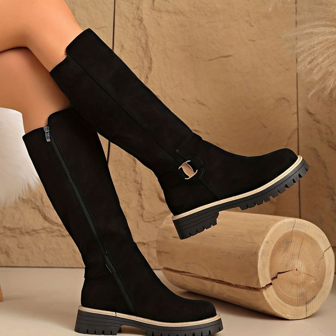 Women's Faux-Suede Block Heel Knee High Boots Zipper