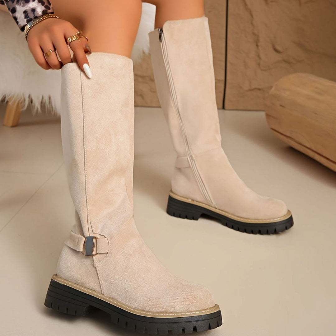 Women's Faux-Suede Block Heel Knee High Boots Zipper