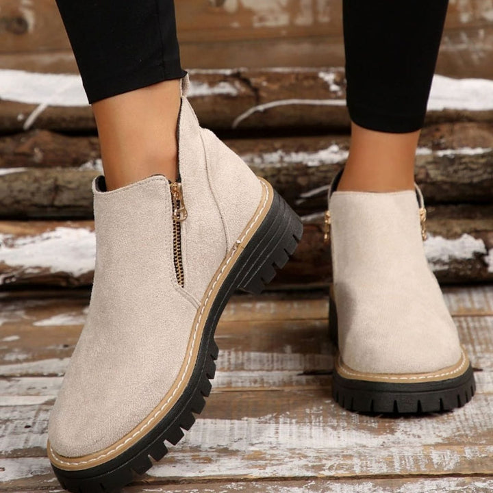 Women's Faux Suede Platform Ankle Boots Side Zipper - Beige