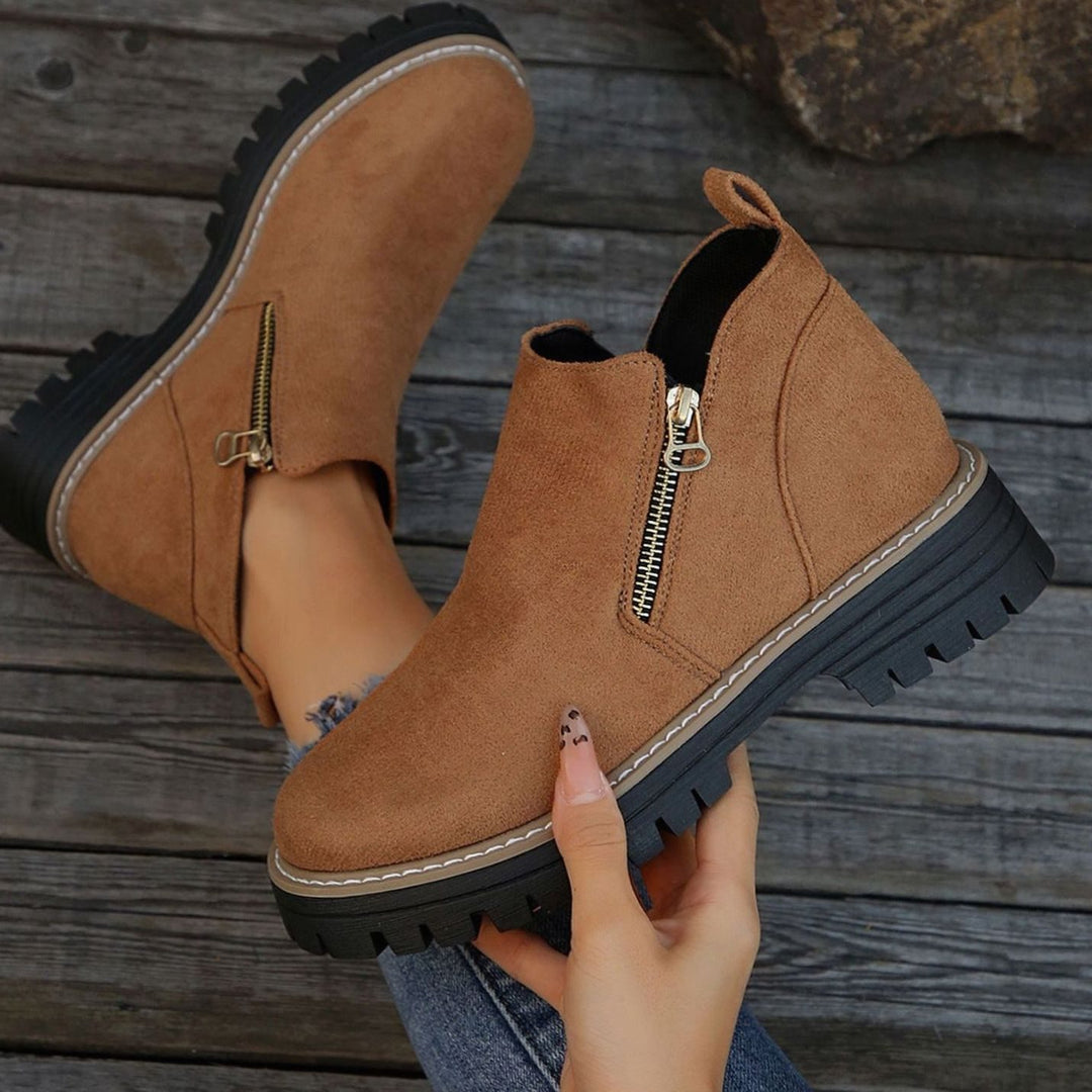 Women's Faux Suede Platform Ankle Boots Side Zipper - Brown