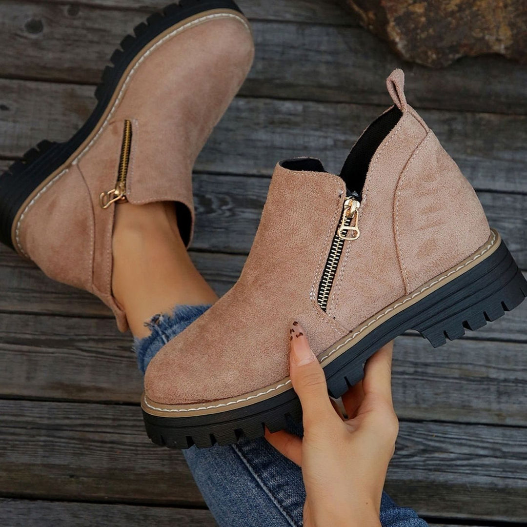 Women's Faux Suede Platform Ankle Boots Side Zipper - Pink