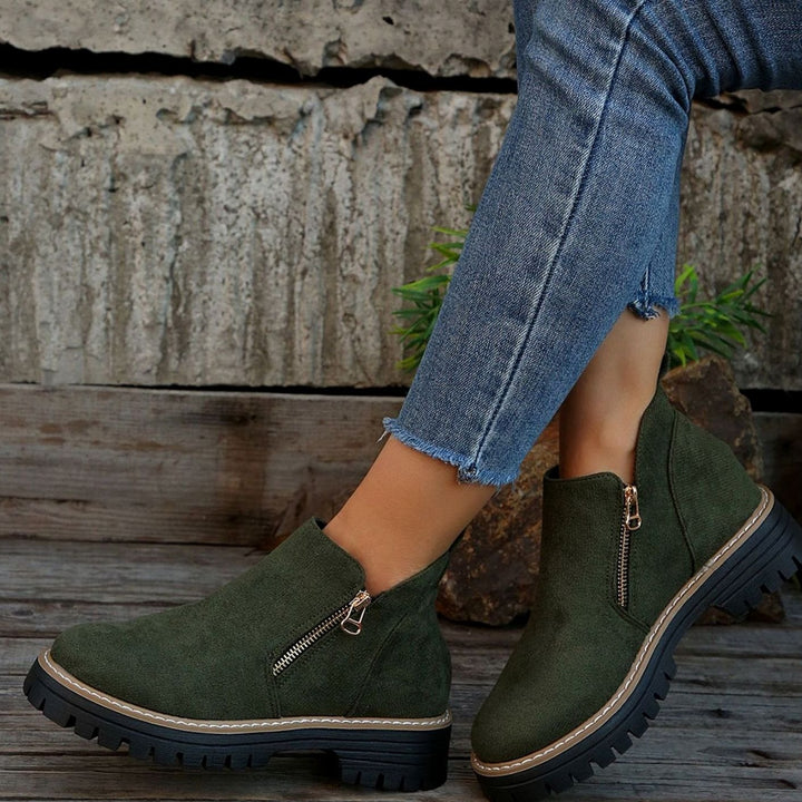 Women's Faux Suede Platform Ankle Boots Side Zipper - Green