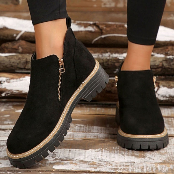 Women's Faux Suede Platform Ankle Boots Side Zipper - Black