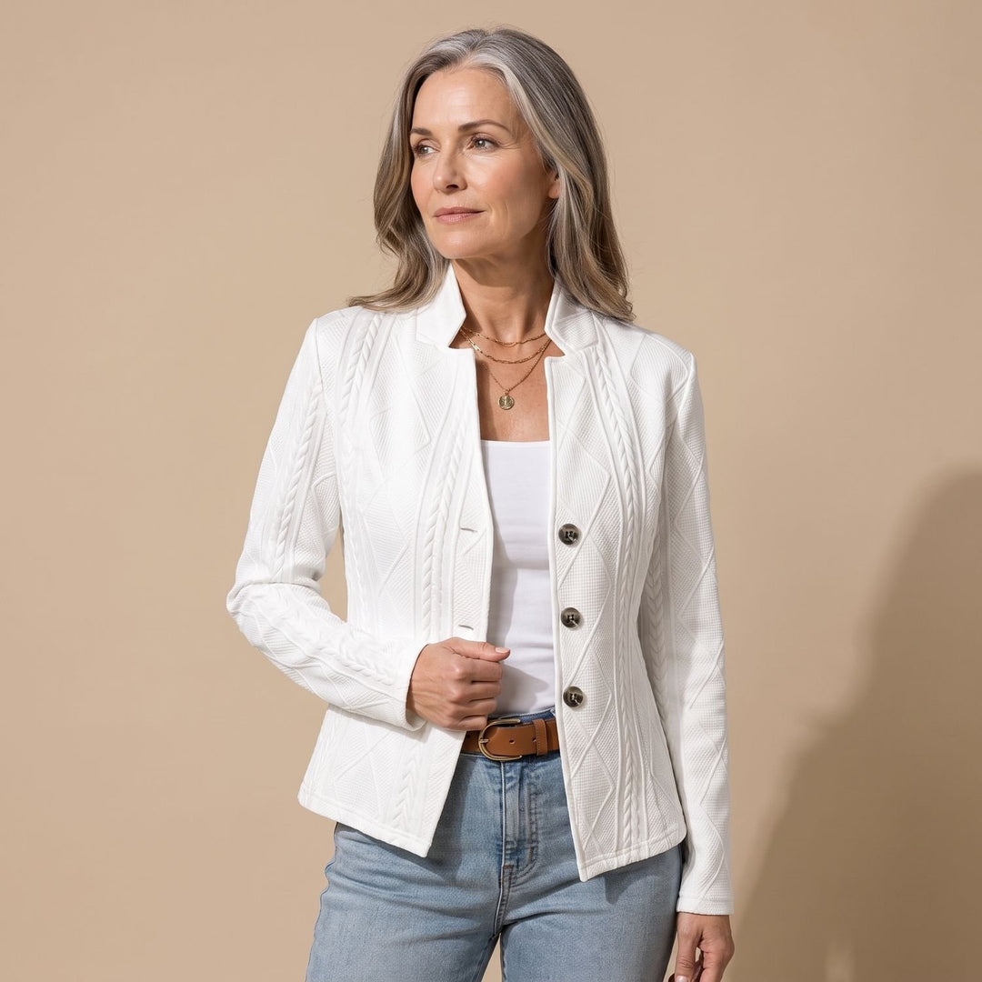 Women's Fitted Cable-Knit Geometric Button Womens Blazer - White