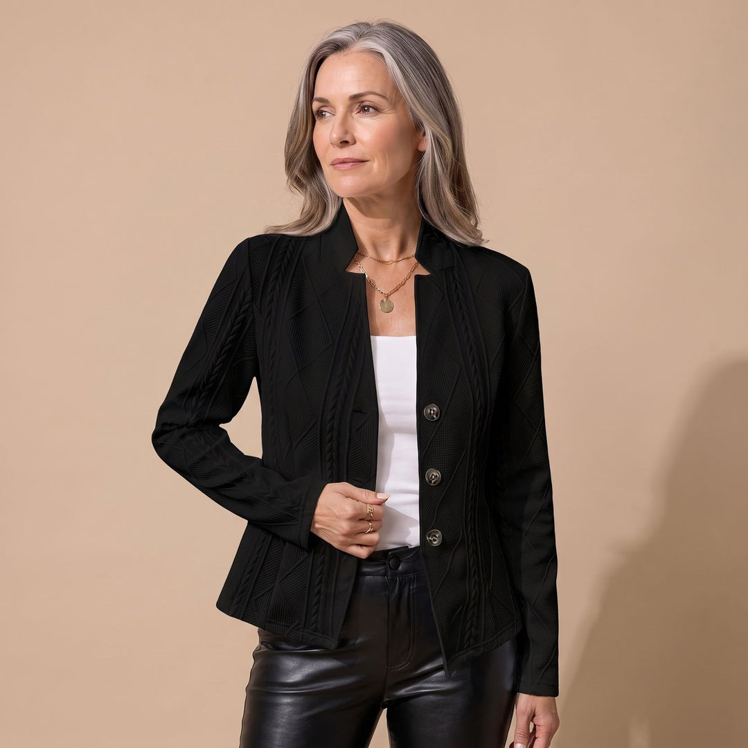 Women's Fitted Cable-Knit Geometric Button Womens Blazer - Black