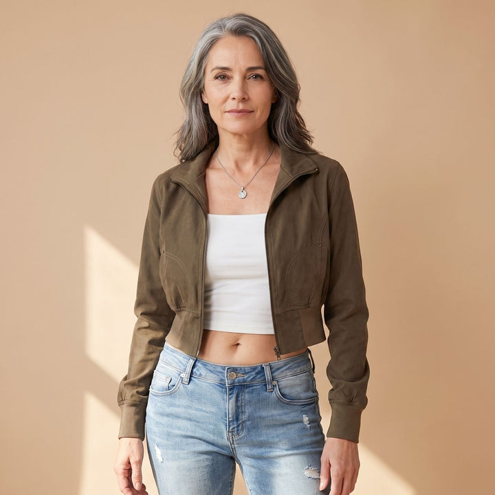 Women's Fitted Cropped Zip-Up Jacket Long Sleeve Sporty - Brown