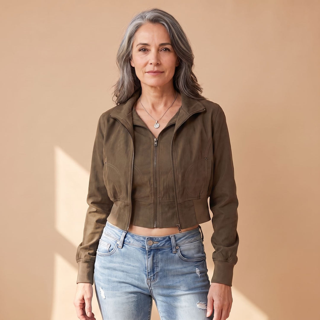Women's Fitted Cropped Zip-Up Jacket Long Sleeve Sporty