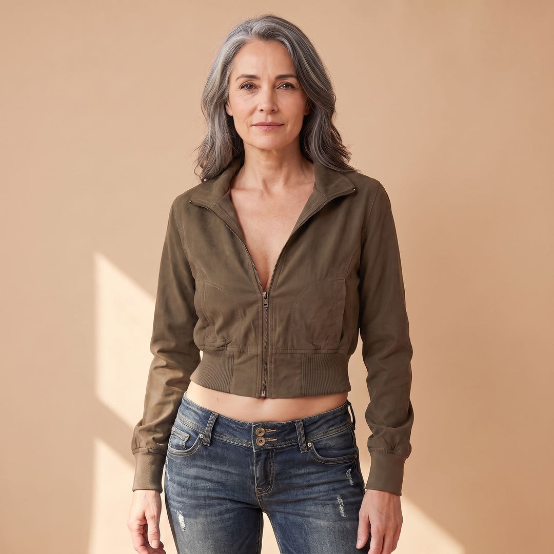 Women's Fitted Cropped Zip-Up Jacket Long Sleeve Sporty