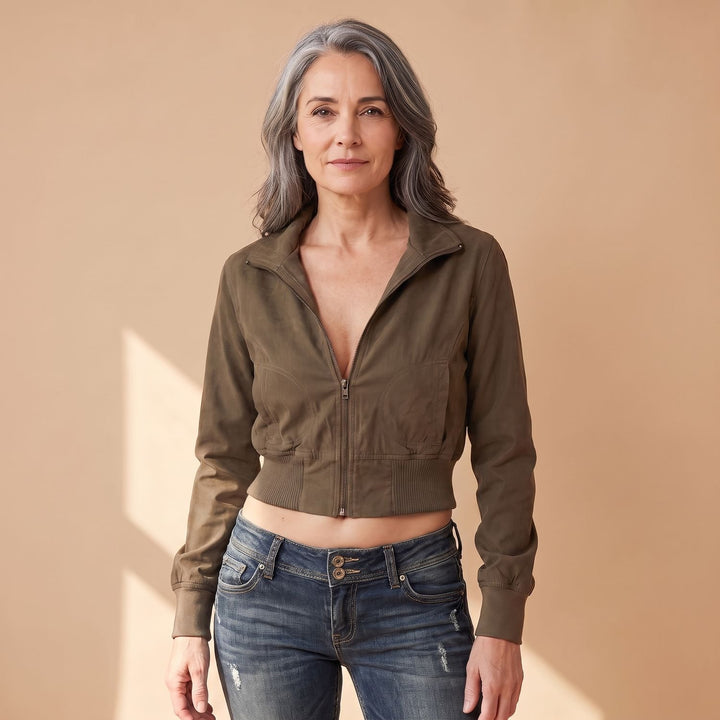 Women's Fitted Cropped Zip-Up Jacket Long Sleeve Sporty