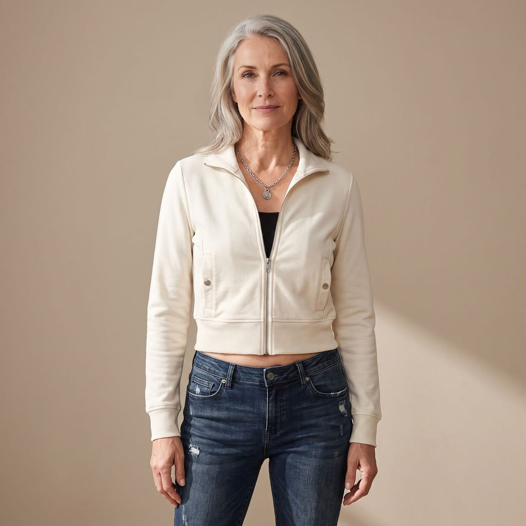 Women's Fitted Cropped Zip-Up Jacket Long Sleeve Sporty - Beige