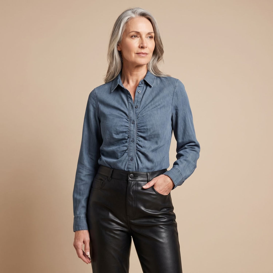 Women's Fitted Denim Ruched-Waist Long-Sleeve Blouse - Indigo