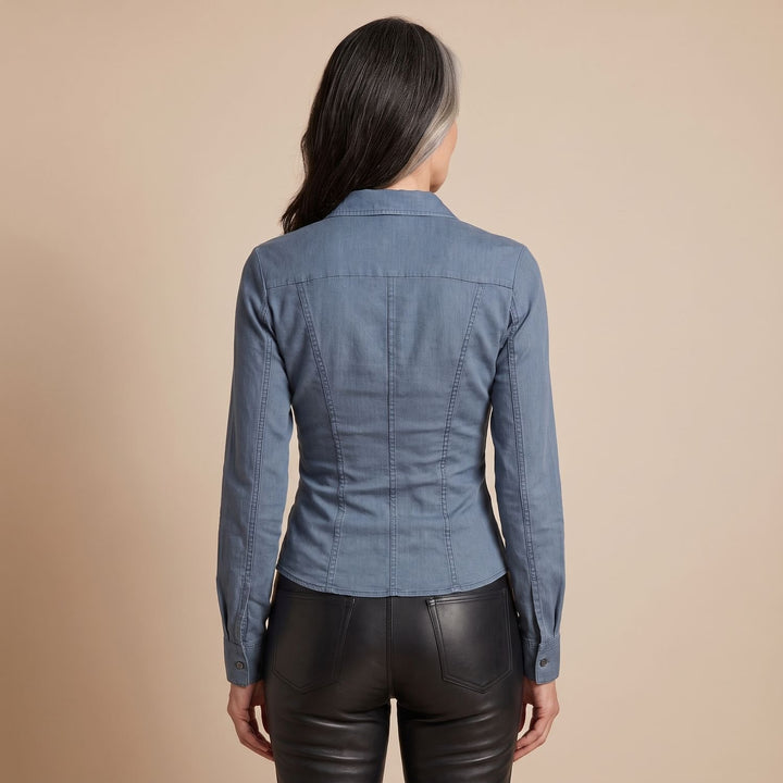 Women's Fitted Denim Ruched-Waist Long-Sleeve Blouse
