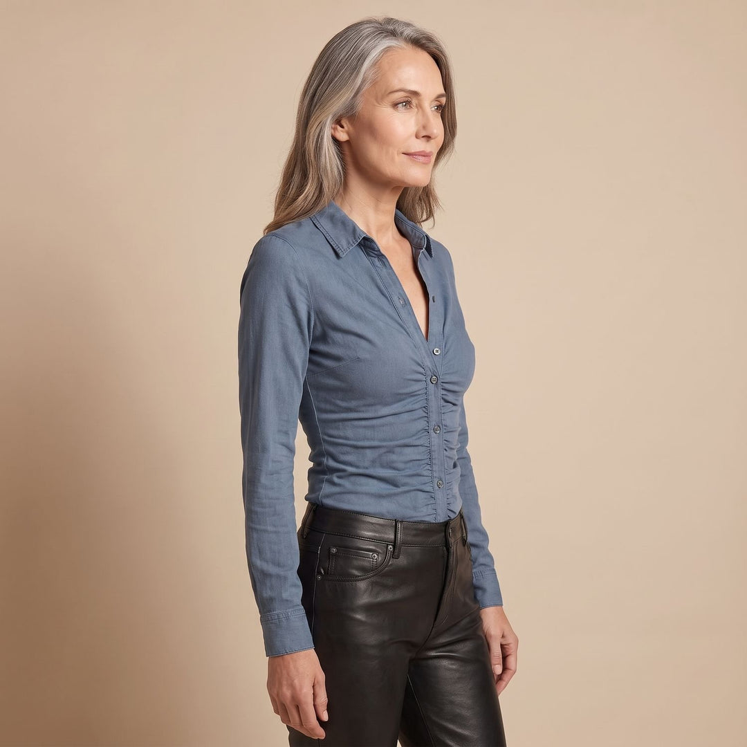 Women's Fitted Denim Ruched-Waist Long-Sleeve Blouse
