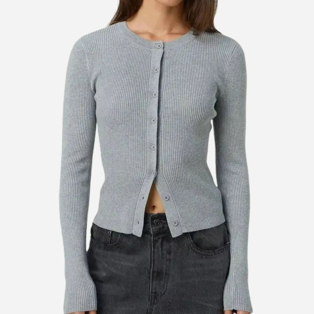 Women's Fitted Ribbed Cropped Cardigan Sweater - Gray