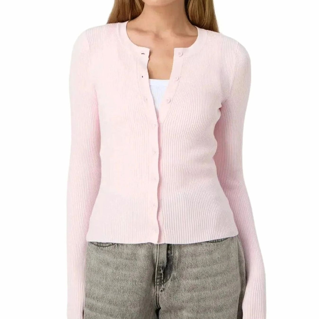 Women's Fitted Ribbed Cropped Cardigan Sweater - Pink