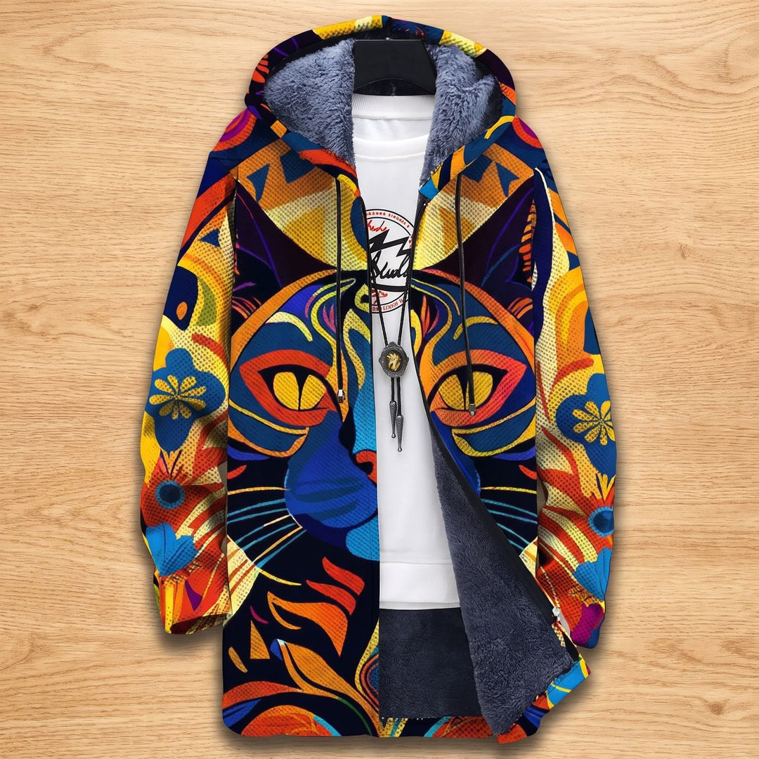 Women's Fleece-Lined Hooded Colorful Cat Print Zip Jacket - Colorful Pattern with Cats