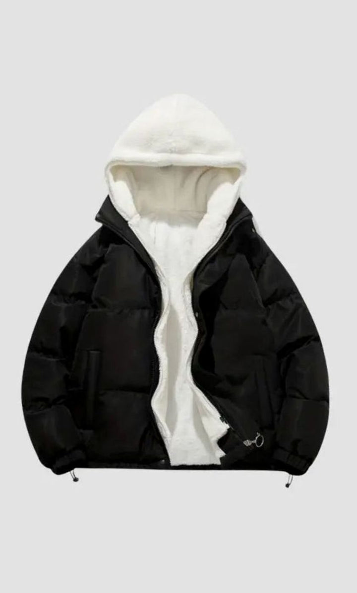Women's Fleece-Lined Hooded Puffer Zip-Up Winter Jacket - Black