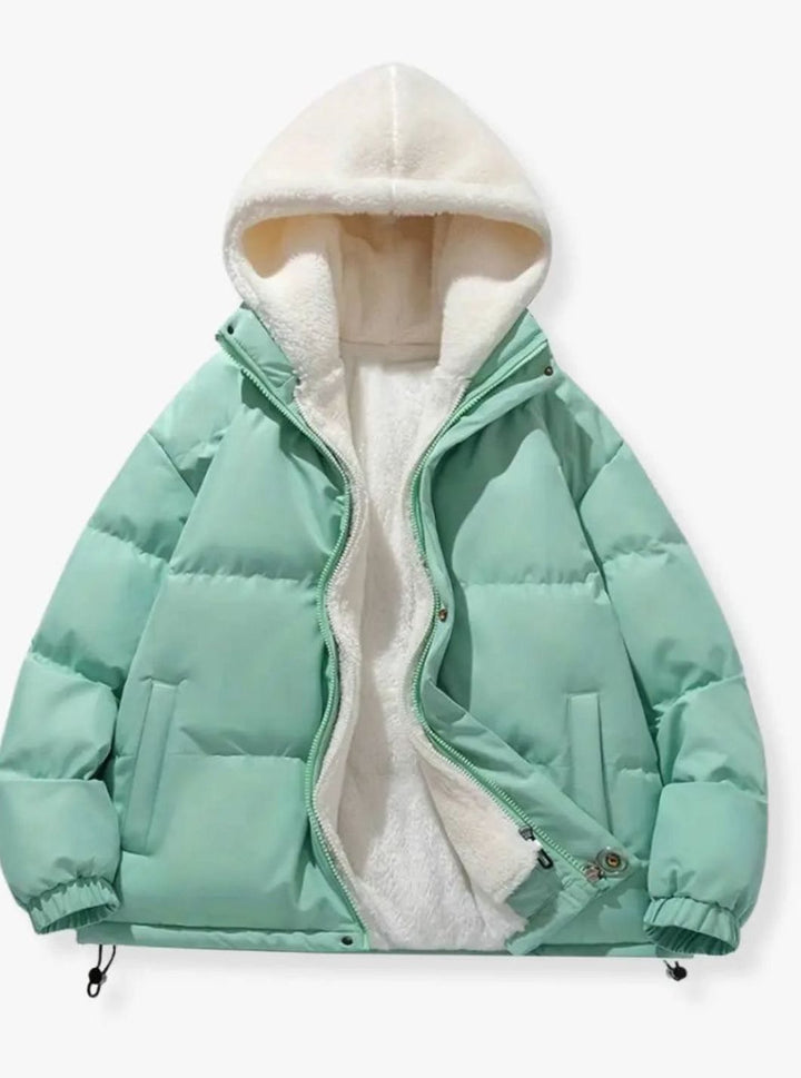 Women's Fleece-Lined Hooded Puffer Zip-Up Winter Jacket - Mint Green