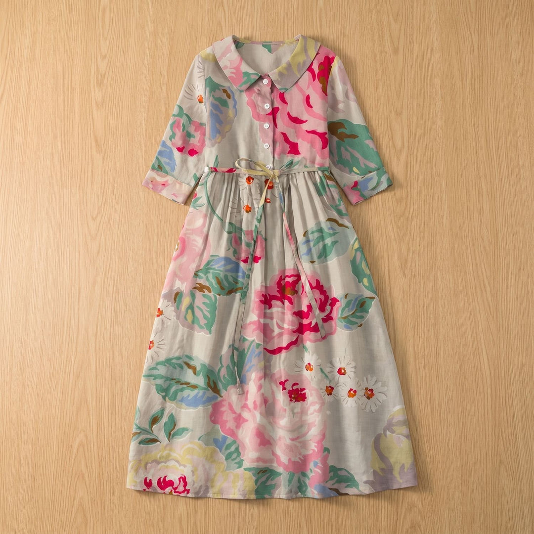 Women's Floral Button-Front Drawstring Midi Shirt Dress - Multicolor