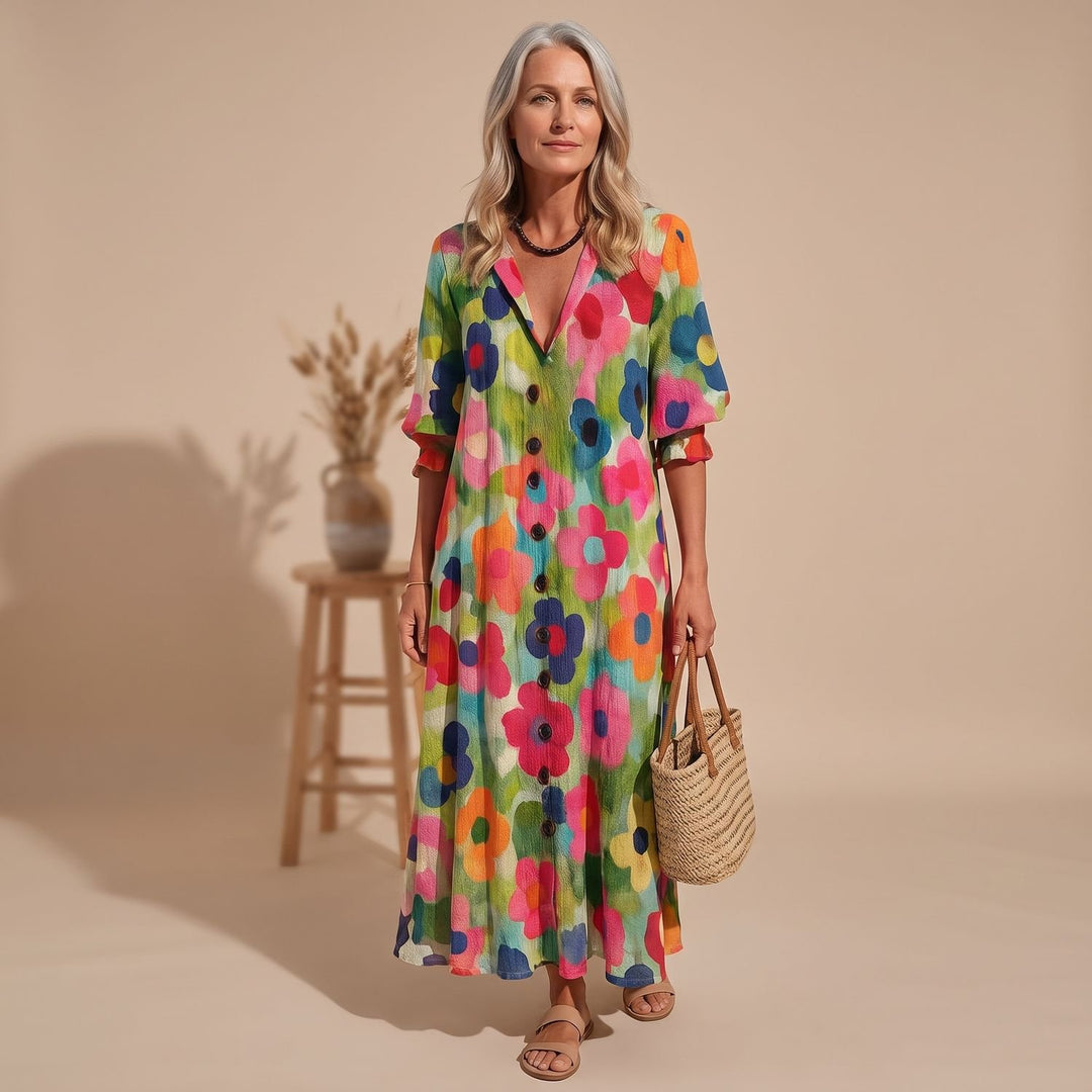 Women's Floral Button-Front V-Neck Maxi Dress - Multicolor 1