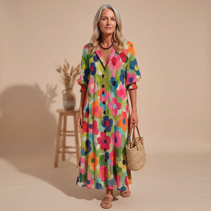 Women's Floral Button-Front V-Neck Maxi Dress - Multicolor 1