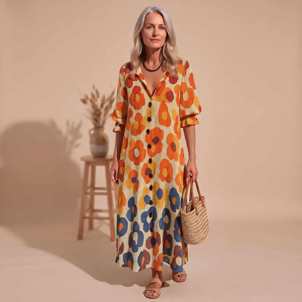 Women's Floral Button-Front V-Neck Maxi Dress - Yellow