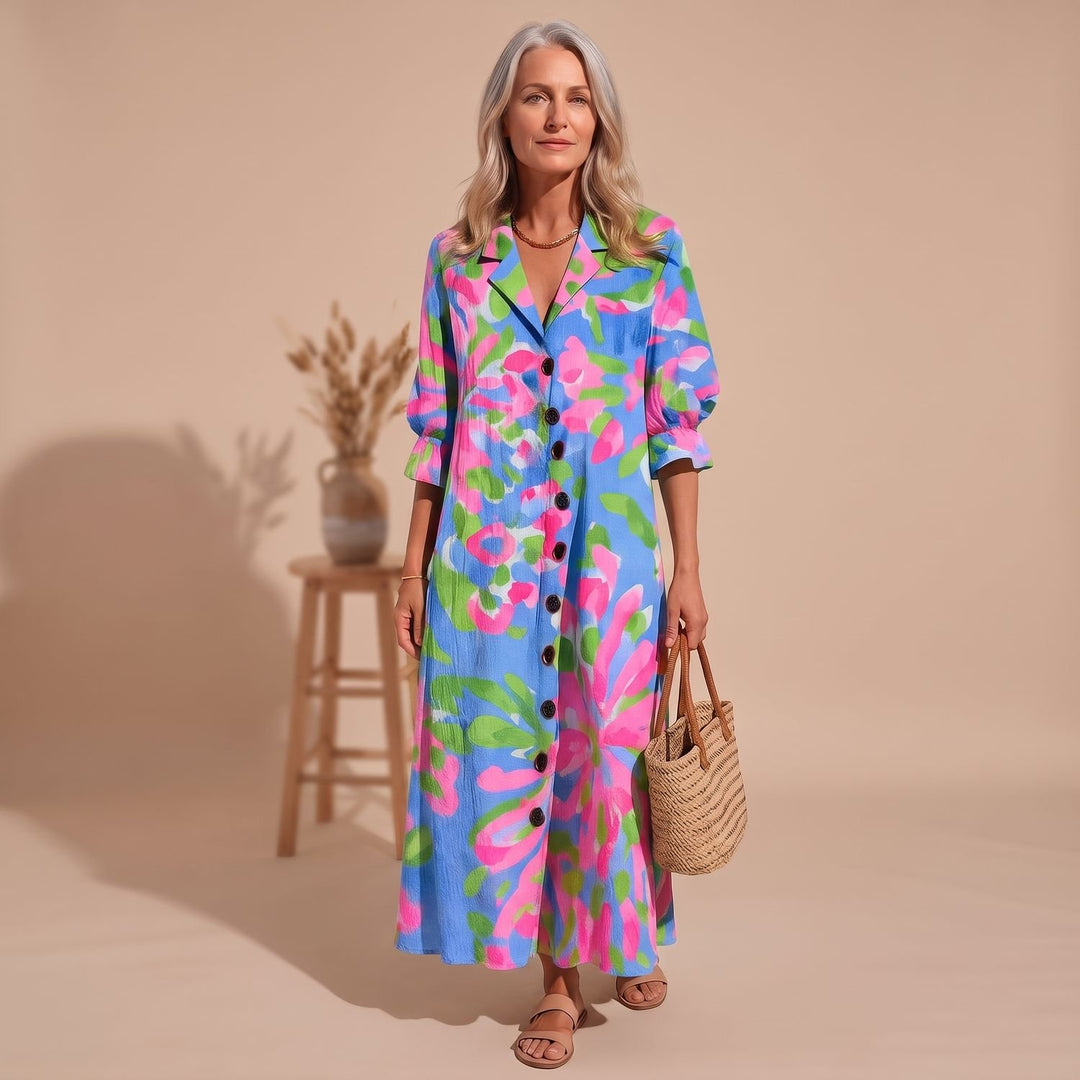 Women's Floral Button-Front V-Neck Maxi Dress - Pink
