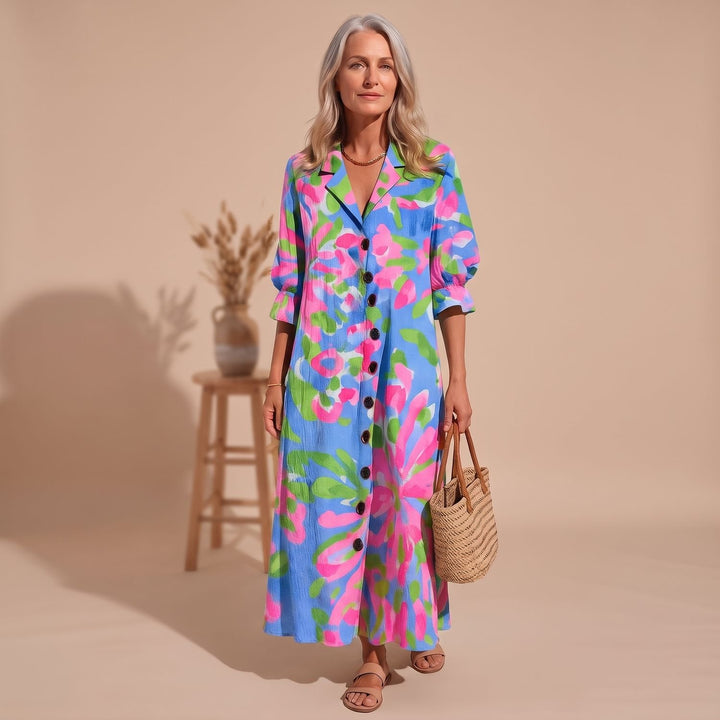Women's Floral Button-Front V-Neck Maxi Dress - Pink