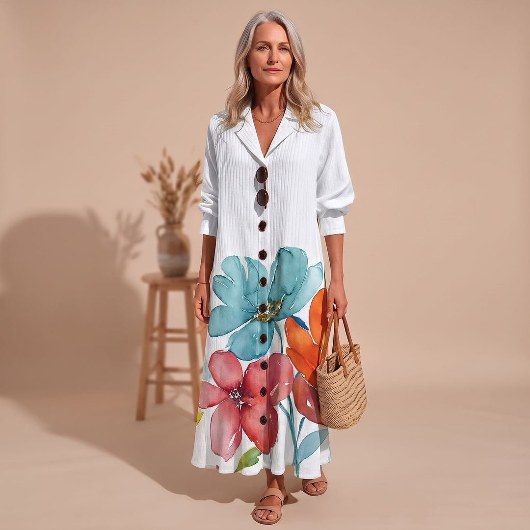 Women's Floral Button-Front V-Neck Maxi Dress - White