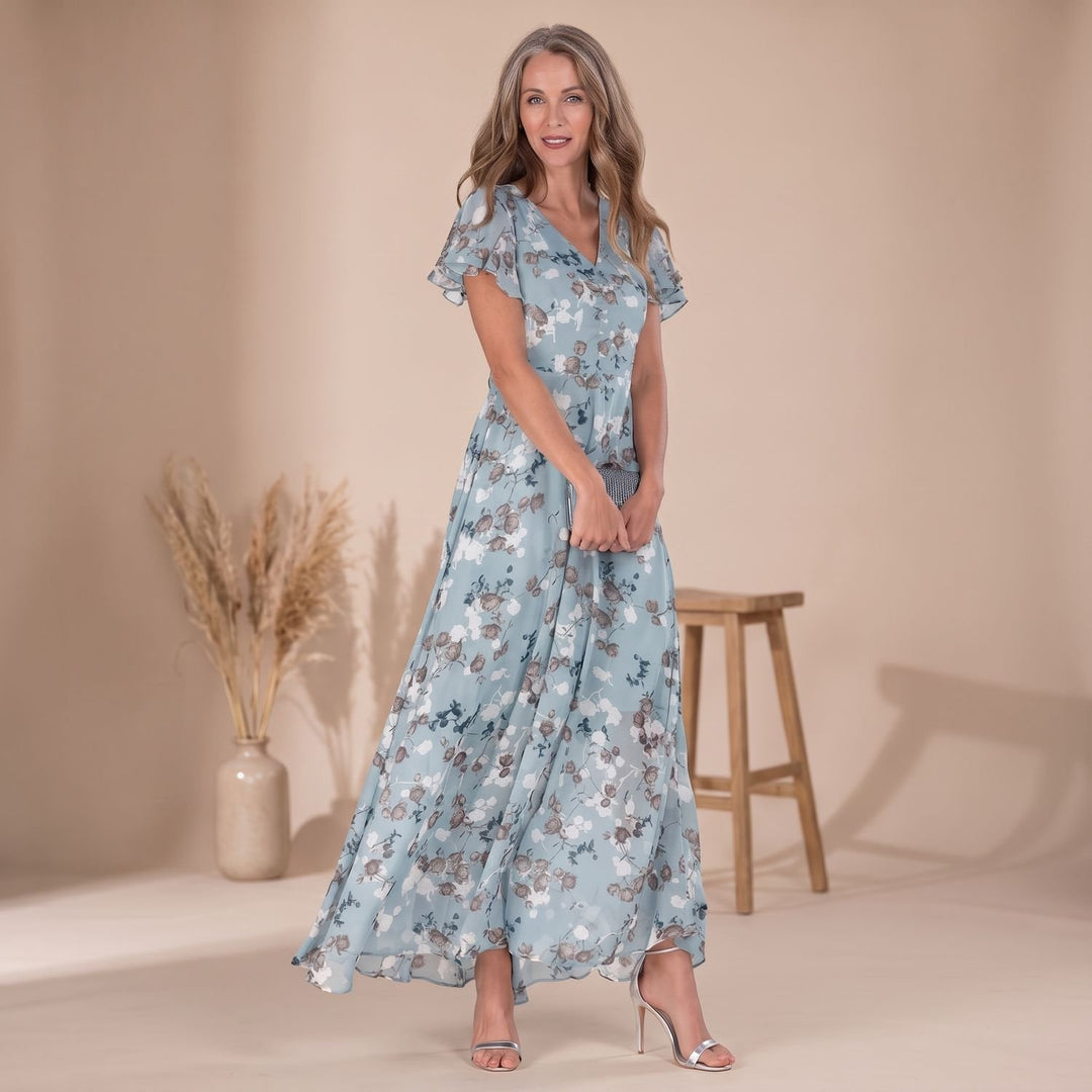 Women's Floral Chiffon Flutter-Sleeve V-Neck Maxi Dress - Blue
