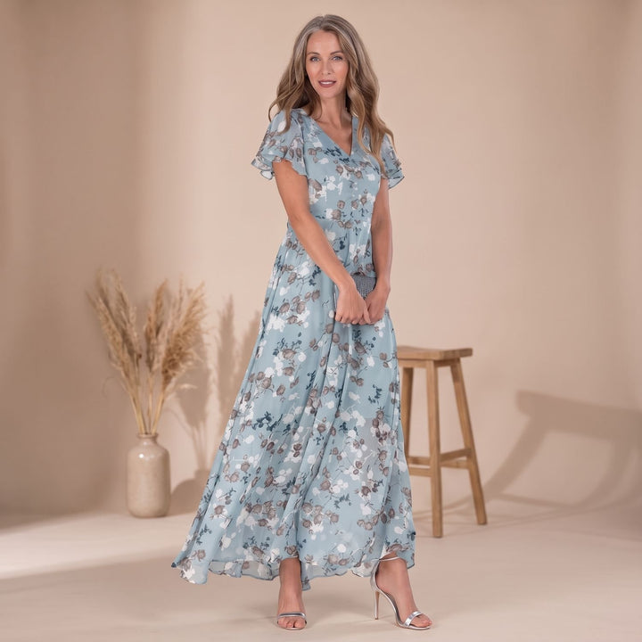Women's Floral Chiffon Flutter-Sleeve V-Neck Maxi Dress - Blue