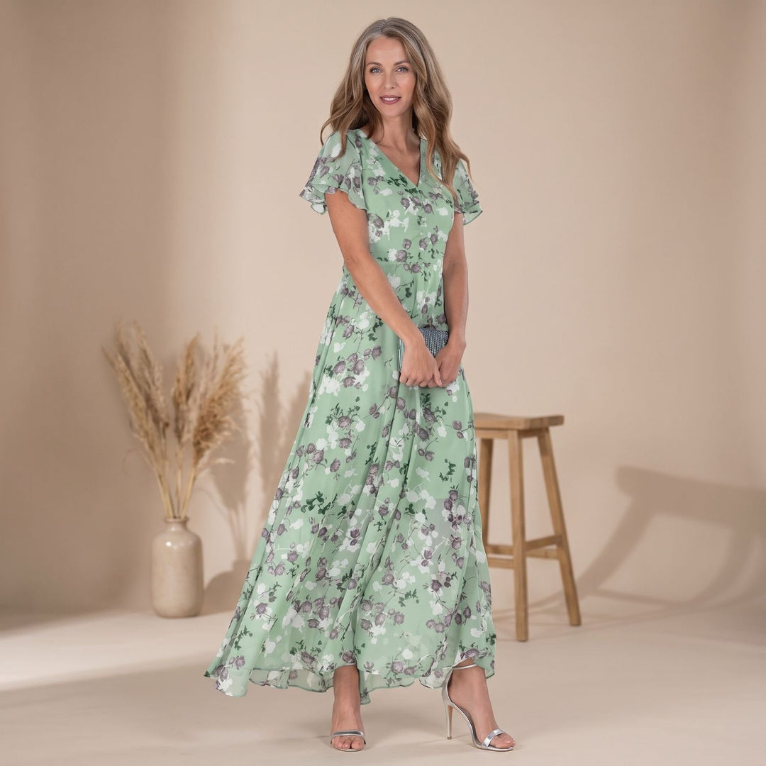 Women's Floral Chiffon Flutter-Sleeve V-Neck Maxi Dress - Green