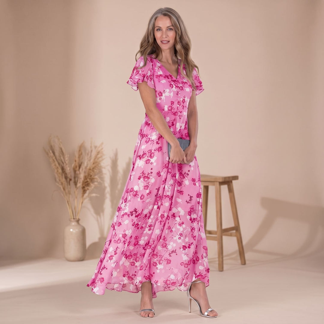 Women's Floral Chiffon Flutter-Sleeve V-Neck Maxi Dress - Pink