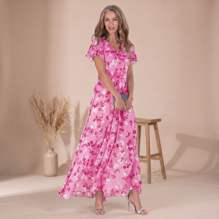Women's Floral Chiffon Flutter-Sleeve V-Neck Maxi Dress - Pink
