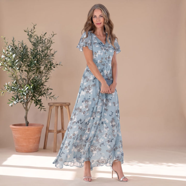 Women's Floral Flowy V-Neck Tummy Control Maxi Dress - Blue