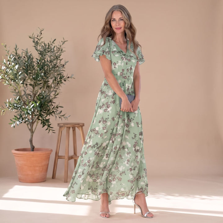 Women's Floral Flowy V-Neck Tummy Control Maxi Dress - Green