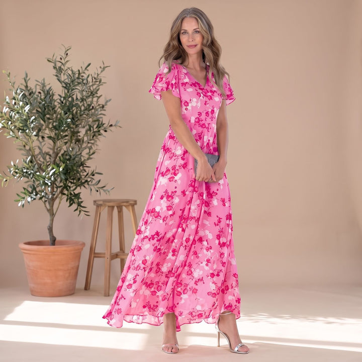 Women's Floral Flowy V-Neck Tummy Control Maxi Dress - Pink