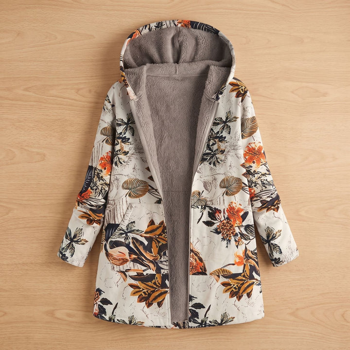 Women's Floral Hooded Fleece-Lined Parka Winter Jacket - Beige Orange