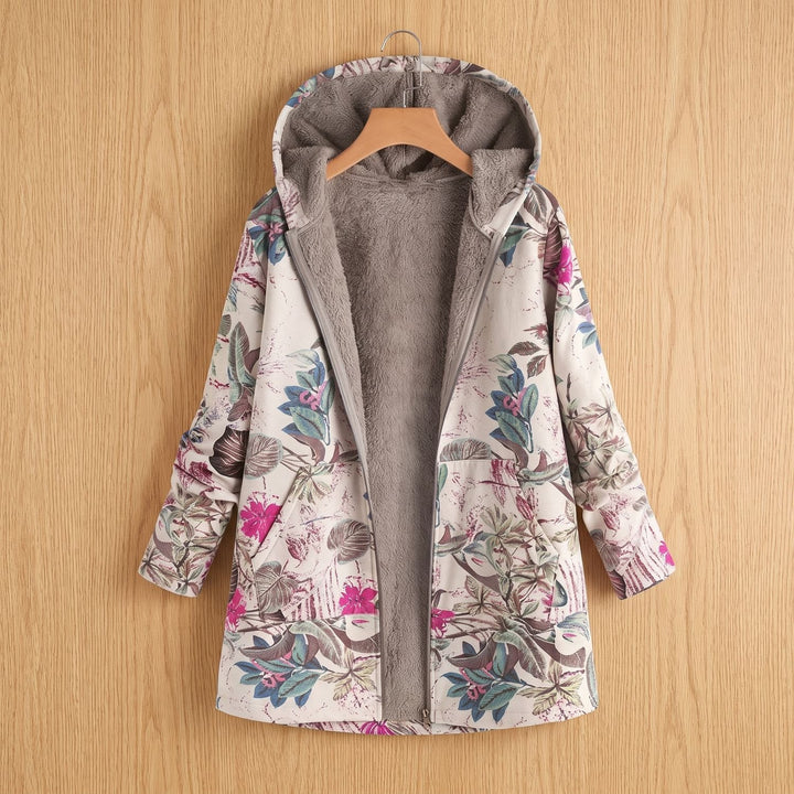 Women's Floral Hooded Fleece-Lined Parka Winter Jacket - Floral Beige