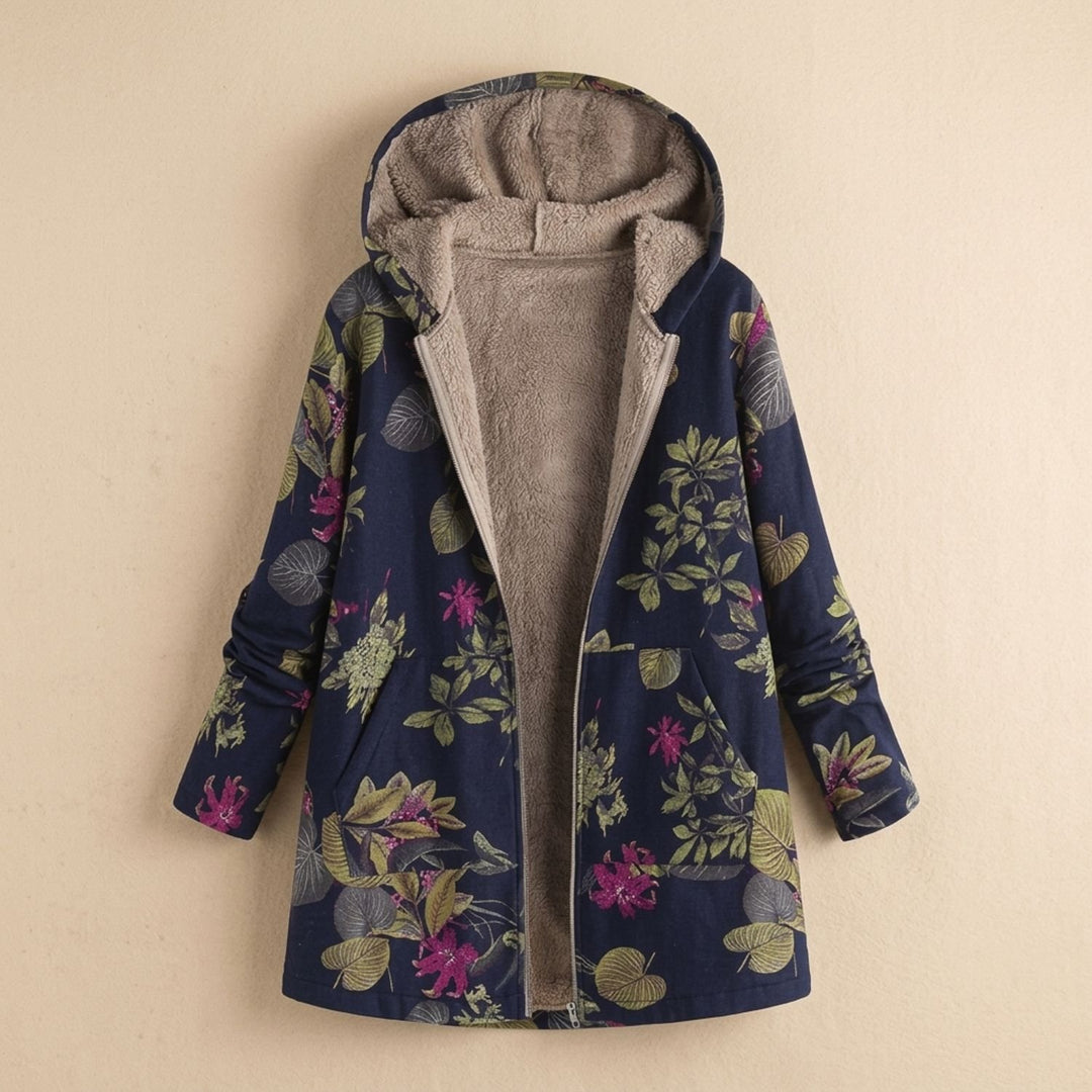 Women's Floral Hooded Fleece-Lined Parka Winter Jacket - Dark Blue
