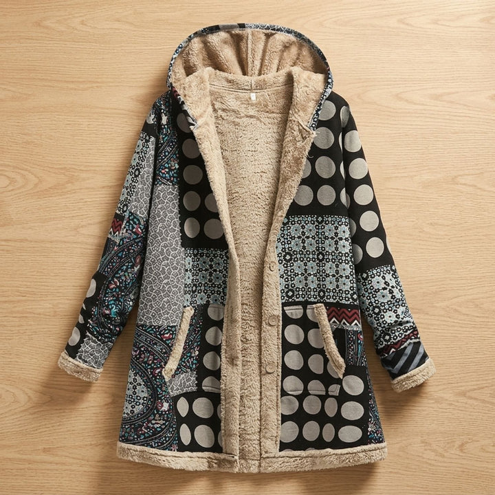 Women's Floral Hooded Fleece-Lined Parka Winter Jacket - Black Gray