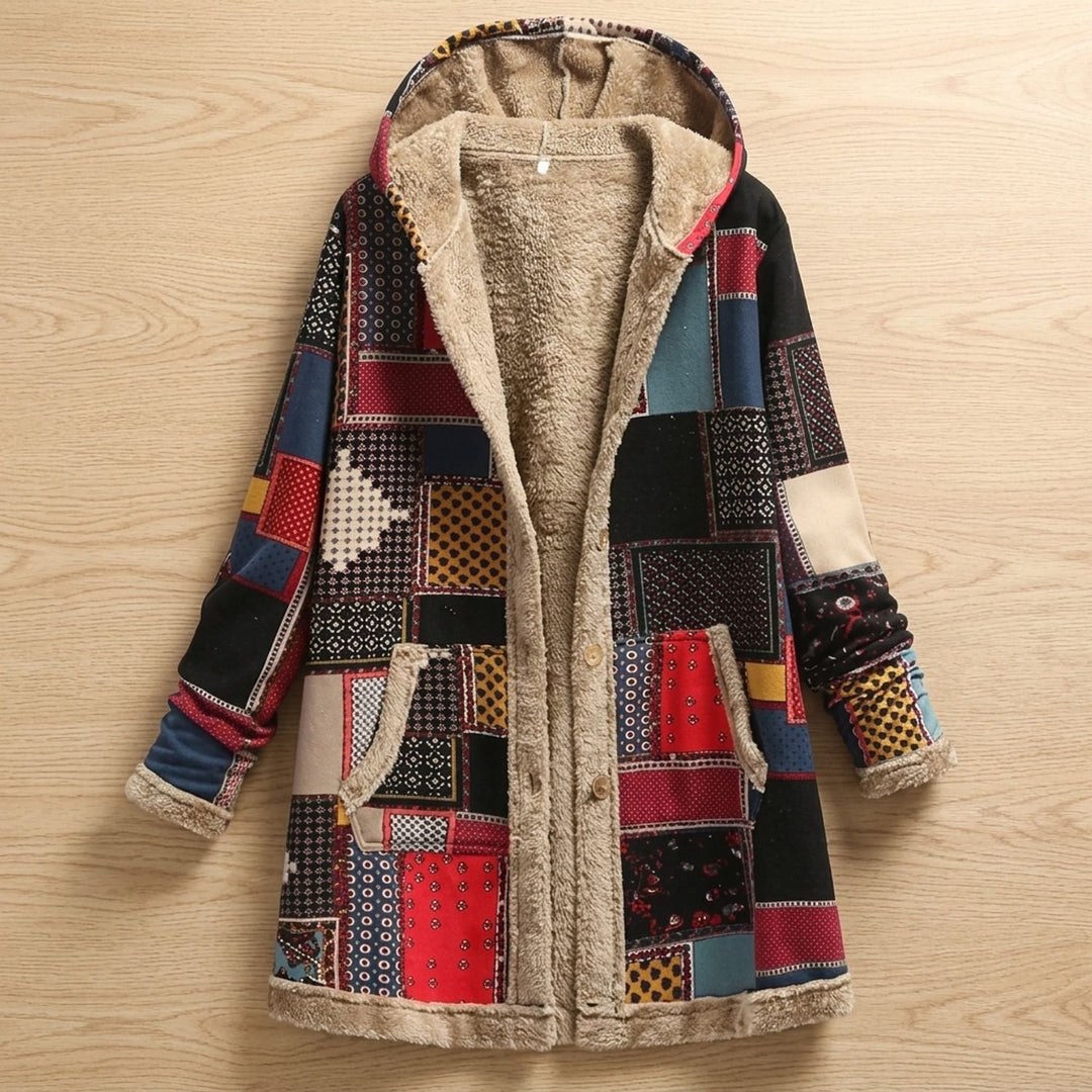 Women's Floral Hooded Fleece-Lined Parka Winter Jacket - Red