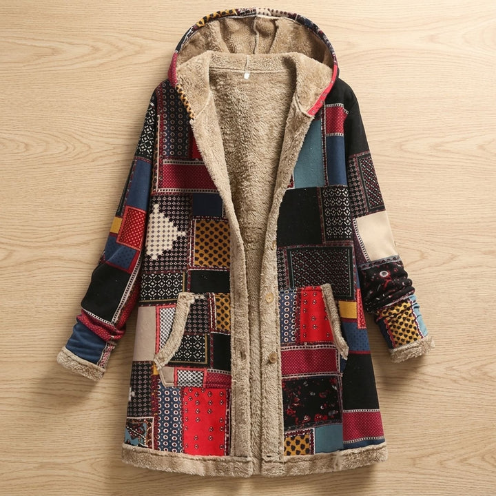 Women's Floral Hooded Fleece-Lined Parka Winter Jacket - Red