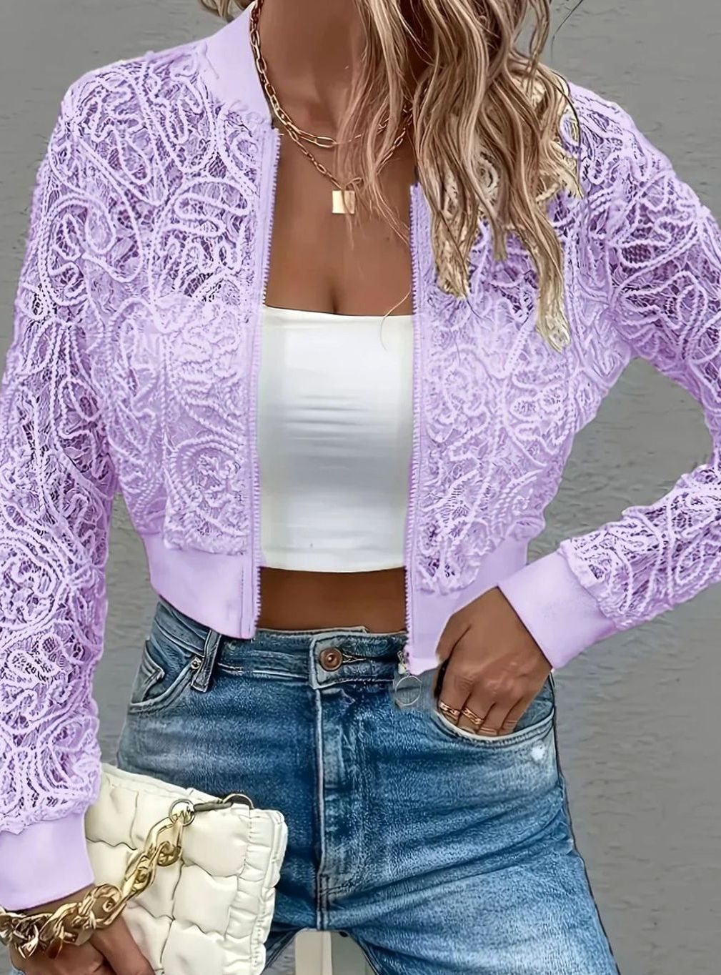 Women's Floral Lace Cropped Bolero Jacket Zip-Front Shrug - Purple