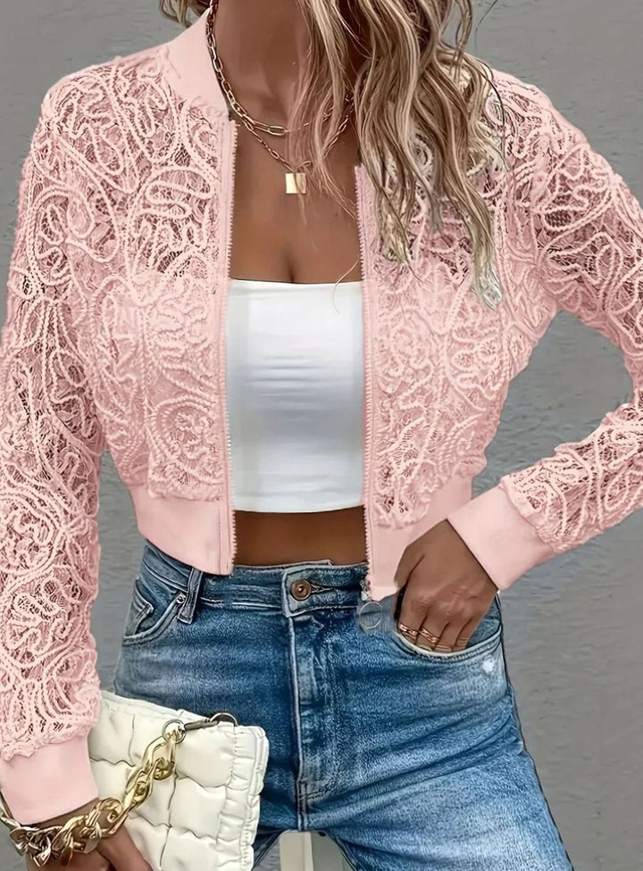 Women's Floral Lace Cropped Bolero Jacket Zip-Front Shrug - Pink