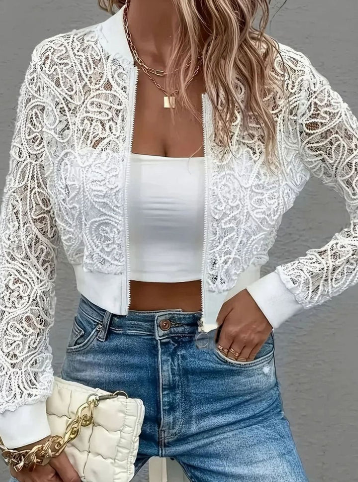 Women's Floral Lace Cropped Bolero Jacket Zip-Front Shrug - White