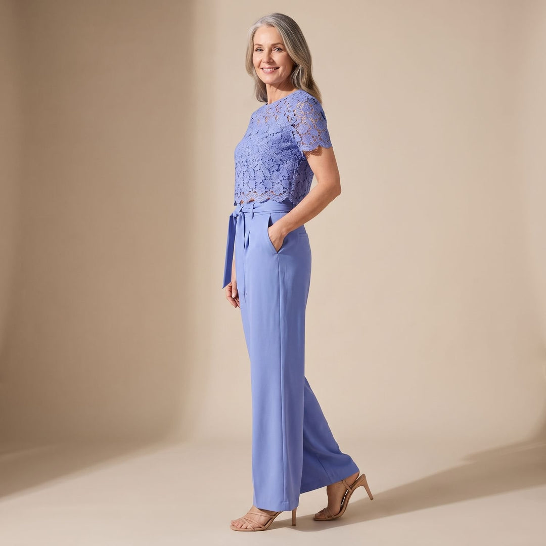 Women's Floral Lace Cropped Top Wide-Leg Pants Two Piece Set - Light Blue