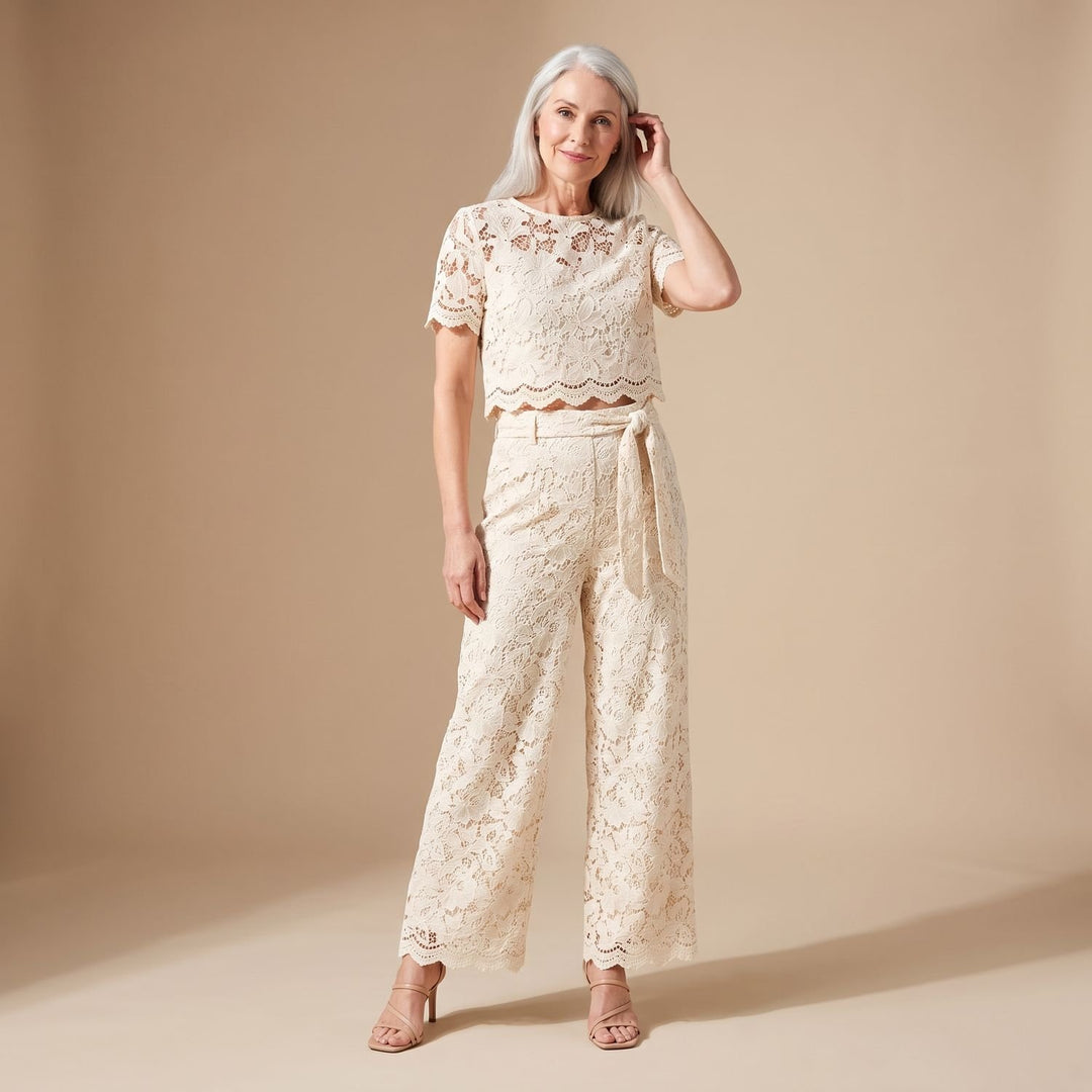 Women's Floral Lace Cropped Top Wide-Leg Pants Two Piece Set - Cream Beige