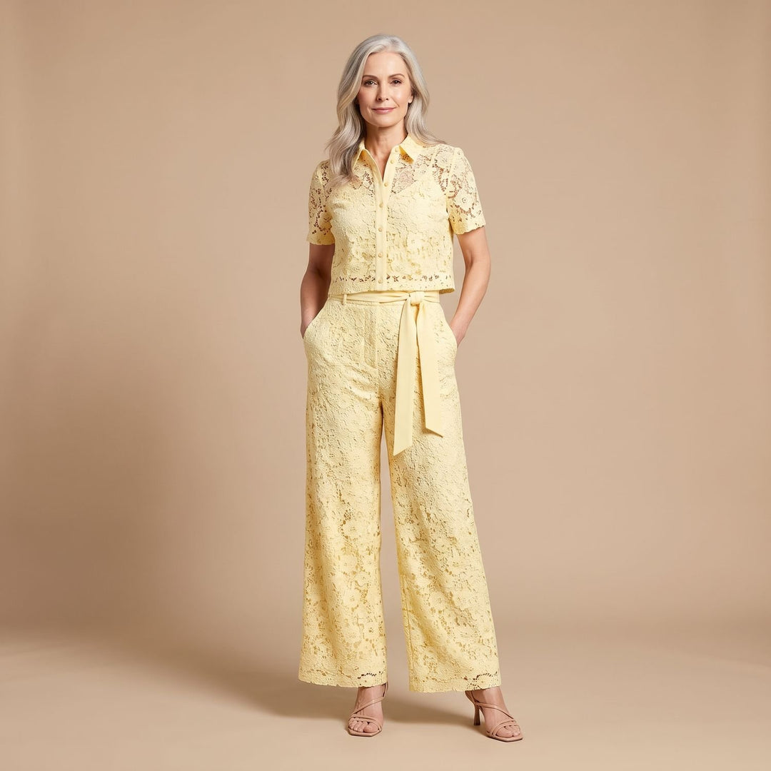 Women's Floral Lace Cropped Top Wide-Leg Pants Two Piece Set - Honey Yellow