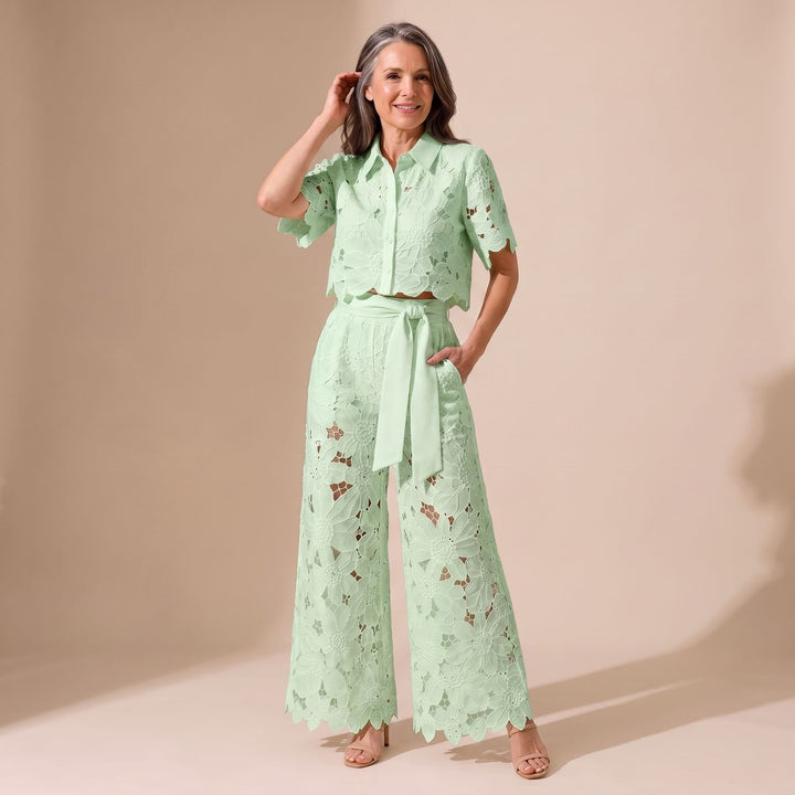 Women's Floral Lace Cropped Top Wide-Leg Pants Two Piece Set - Green